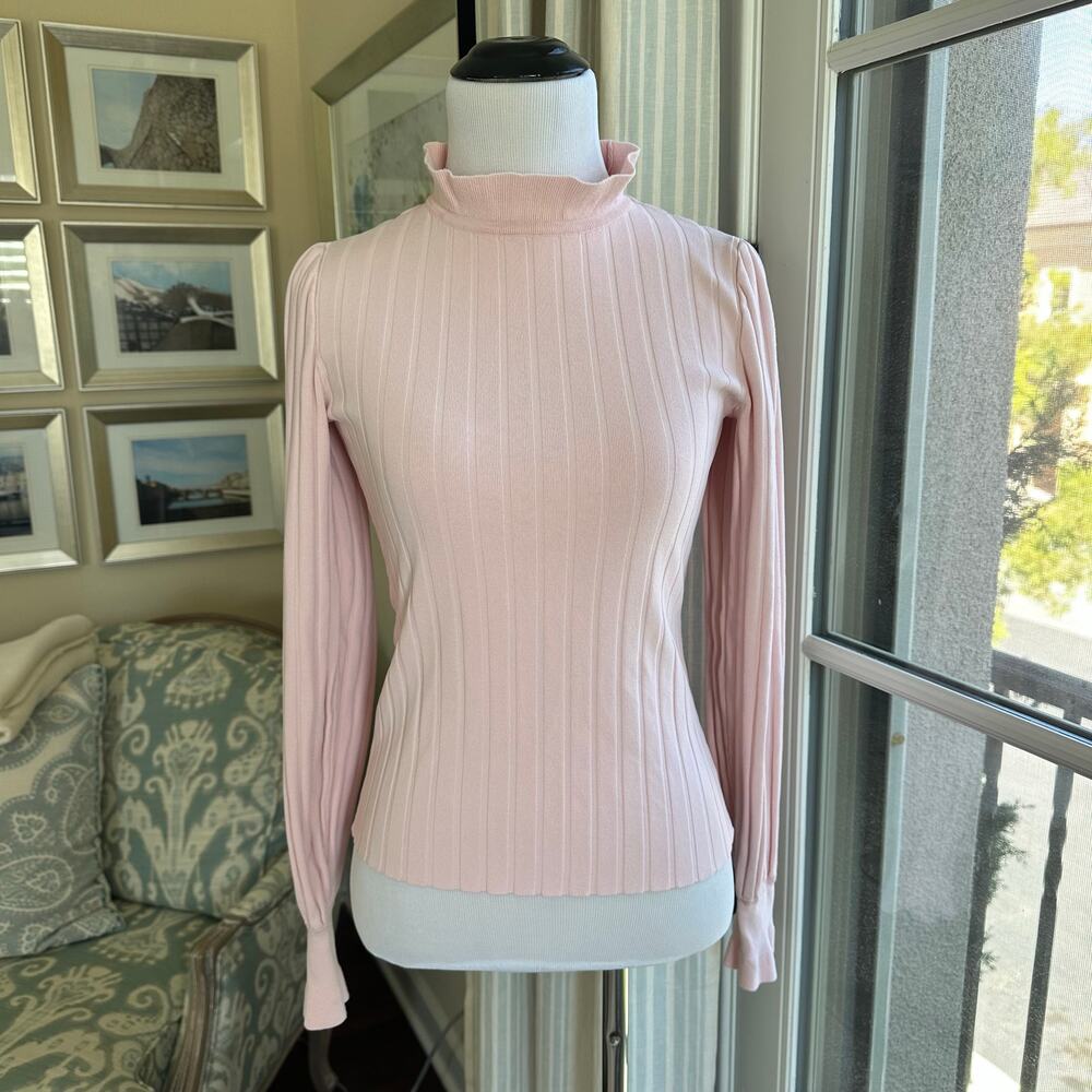 Max Mara Zoraide Ruffle Pink Mock Neck Rib Sweater Size S